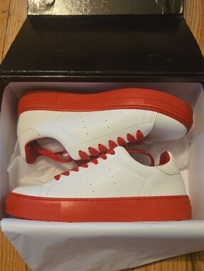 Alice + Olivia White Leather Sneakers with Red Platform and Laces